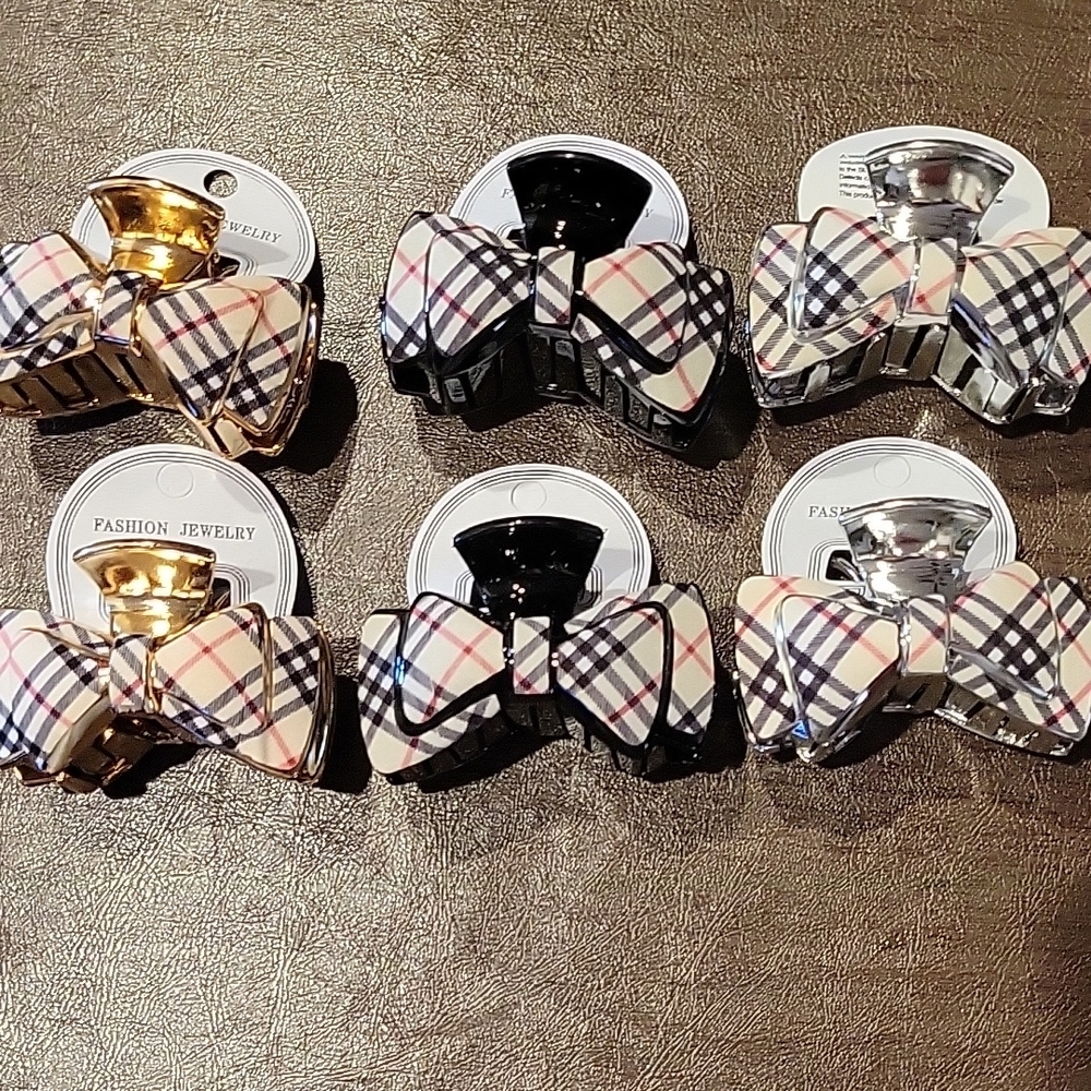 2 silver Fashion Plaid Bow Hair Clips